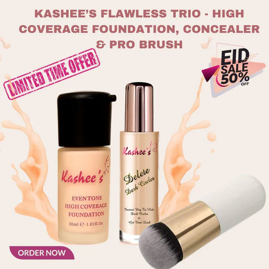 Kashee’s Flawless Trio – High-Coverage Foundation, Concealer & Pro Brush